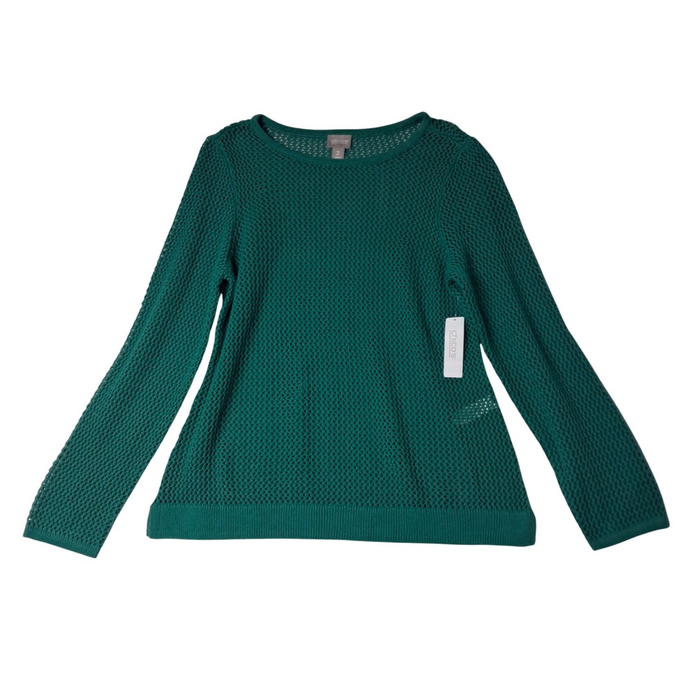NWT Chico's Sweater Womens 2 Large Green Scoop Neck Open Stitch Beachy Coastal